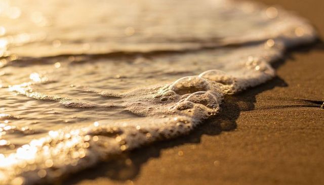 Golden sunset foam lapping wet sand close-up with sparkling bubbles and warm light highlights