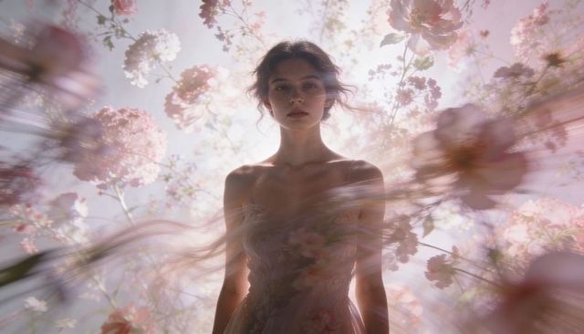 Ethereal woman in strapless floral gown with floating pink blossoms and pastel bokeh