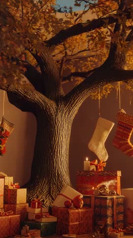 Vertical panning across rustic tree trunk revealing stockings and gifts in holiday glow
