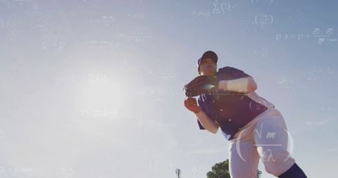 Youth baseball pitcher with scientific elements, focus on precision and dynamics