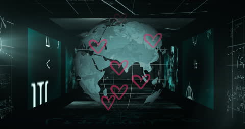 Digital Globe with Heart Icons in Futuristic Interface
