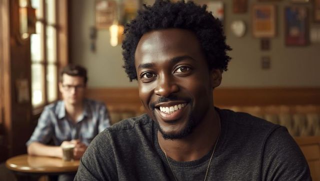 Friendly African American Man Relaxing in Cozy Coffee Shop
