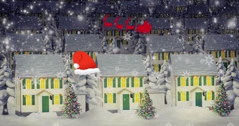 Snowy Christmas Village with Illuminated Houses and Santa Sleigh