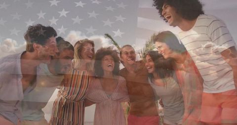 Joyous Friends Enjoying Leisurely Beach Day with American Flag Overlay