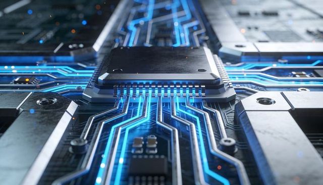 Central Microchip Emitting Neon Blue Traces on High-Tech Circuit Board Macro View