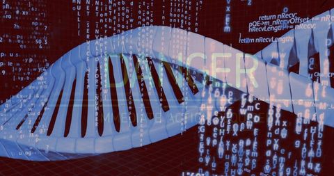 3d dna helix overlaying code stream and danger text for genomic cybersecurity threat
