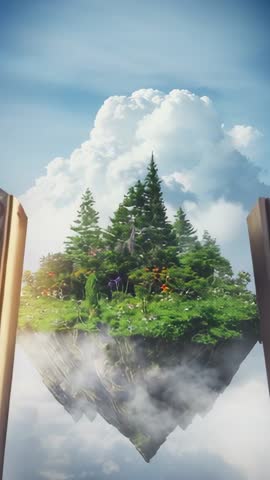 Ornate Doors Sliding Open Revealing Floating Pine Forest Island Drifting Through Clouds