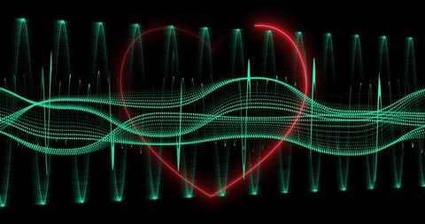 Pulsing neon heart intersecting teal waveform ribbons, digital music visualization
