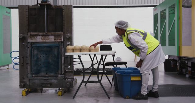 Worker in factory assembling rows of machine parts on white table, wearing yellow safety vest and hairnet. This can be used for industries related to manufacturing, industrial processes, production lines, quality control, and worker safety. Suitable for articles on workplace environments, employee procedures, and manufacturing efficiency.