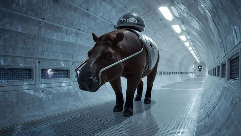 Tapir wearing space harness and dome helmet walking futuristic metal corridor