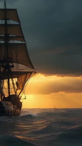 Three-masted ship gliding through sunset waves, sails filling with wind — vertical seafaring video