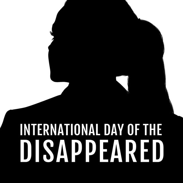 This black and white illustration features a silhouette of a woman with a prominent message about the International Day of the Disappeared. Ideal for use in awareness campaigns, social media graphics, human rights organizations’ promotional materials, and articles covering topics of social justice and advocacy for missing persons.