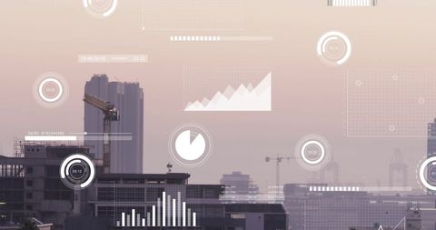 Digital financial data overlay on cityscape at dusk