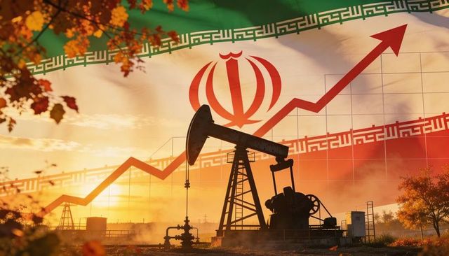 Iran oil market rising concept with pumpjack silhouette pumping at sunset and flag backdrop
