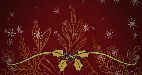 Festive holly and snowflakes on red background