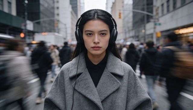 Asian woman wearing headphones standing amid rushing city crowd, urban commuter solitude