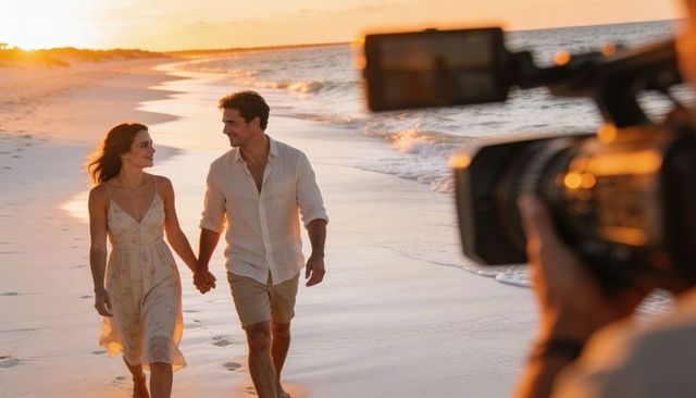 Romantic couple walking hand in hand on beach at sunset with camera filming golden hour