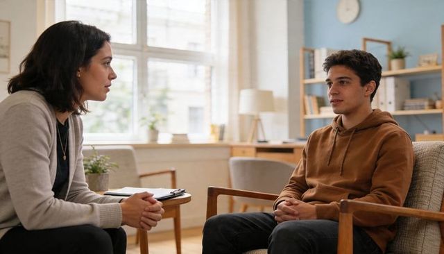 Therapist listening to young man in calm counseling session, warm minimalist office