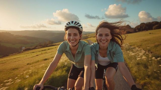 Two women cycling side by side on sunlit countryside trail at golden hour