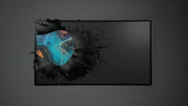 Curved monitor revealing glossy black paint tear and teal marble swirl