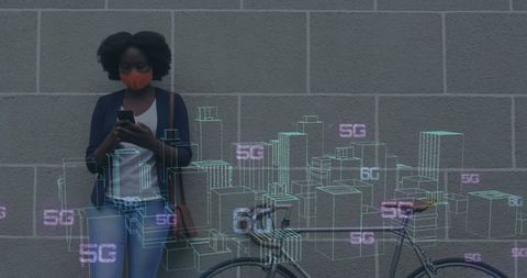 African American Woman Using Mobile Phone with 5G Graphics Overlay - Download Free Stock Images Pikwizard.com