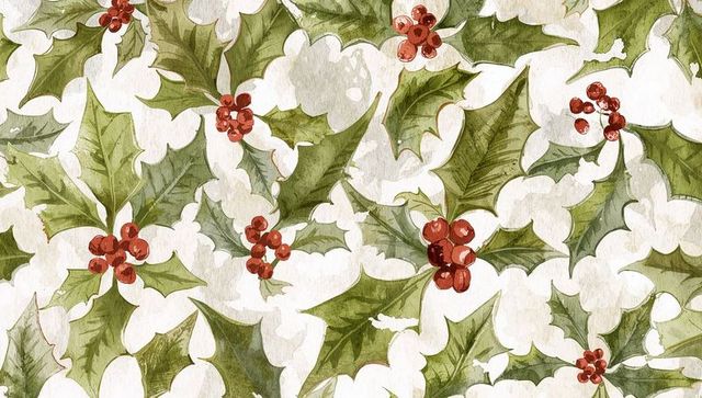 Handpainted watercolor holly seamless pattern with serrated green leaves and red berries