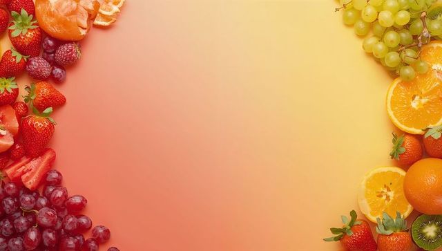 Vibrant fruit border framing coral gradient space for summer food branding