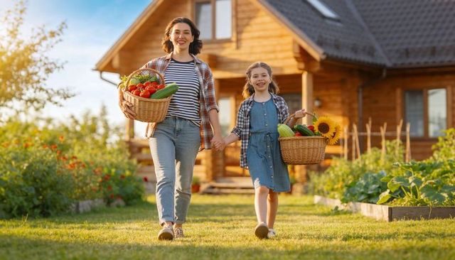 Mom and daughter walking carrying baskets of fresh produce and sunflower by wooden house