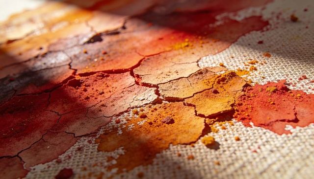 Warm red pigment cracking on textured canvas revealing craquelure and granular detail