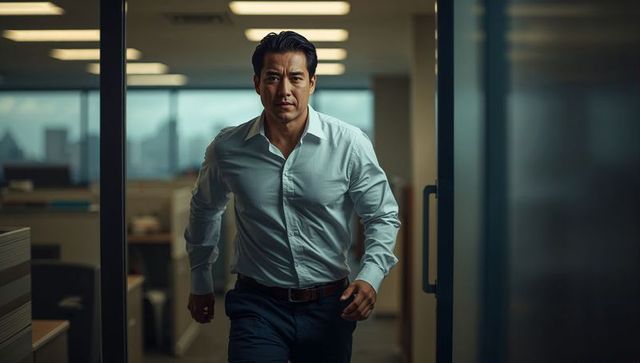 Confident asian executive striding through modern office corridor during busy workday commute