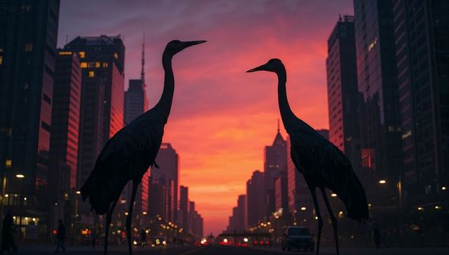 Framing silhouetted heron sculptures on urban avenue at sunset with vibrant sky