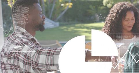 Friends chatting over wine at backyard table with white infographic overlay for casual gathering