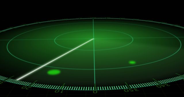 Visualization of a radar display with green radar screen and moving targets, suitable for illustrating military technology, electronic surveillance, or air traffic control systems. Can be used in presentations on navigation systems, technology report articles, and stock media for digital interface and monitoring systems.