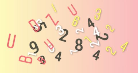 Scattered letters and numbers on pink background