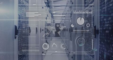 Modern Data Center Corridor with Digital Interface Overlay