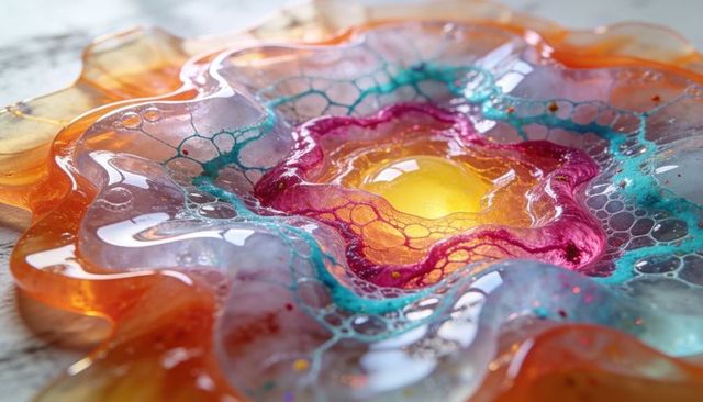 Glossy resin flower art with radiant yellow core and translucent iridescent petals
