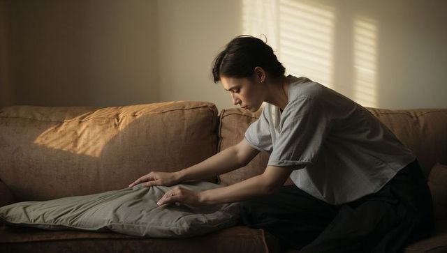 Asian woman smoothing cushion on beige sofa in sunlit minimalist living room