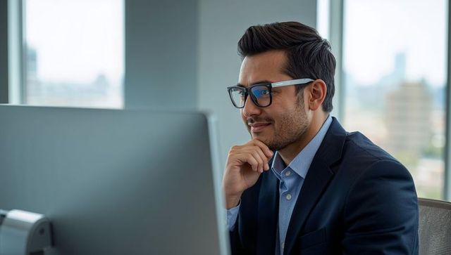 Young professional working at desktop in modern office wearing glasses and navy blazer
