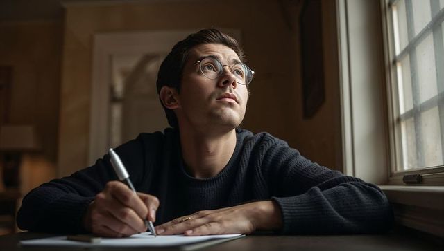Contemplative young man writing at window in cozy interior, thinking and planning