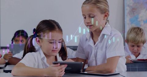 Elementary Students Collaborating with Tablets and Data Overlay for Classroom Learning