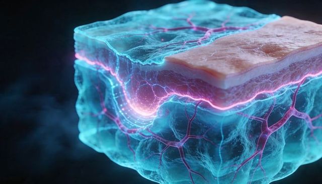Visualizing skin cross-section showing glowing neural and vascular networks in cyan and magenta