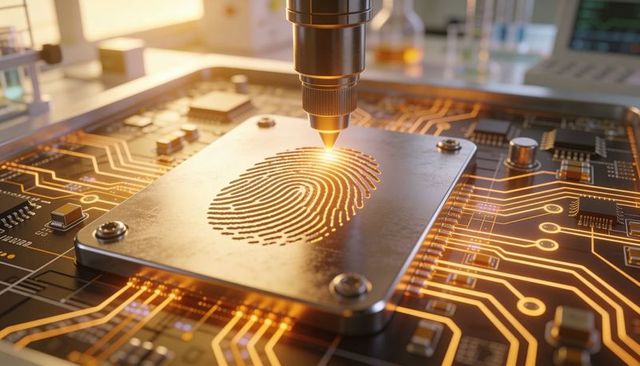Laser Engraving Fingerprint on Metal Plate Mounted on Circuit Board for Biometric Security