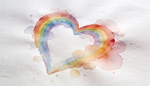 Watercolor rainbow heart with soft color bleed and paint splatters on textured paper