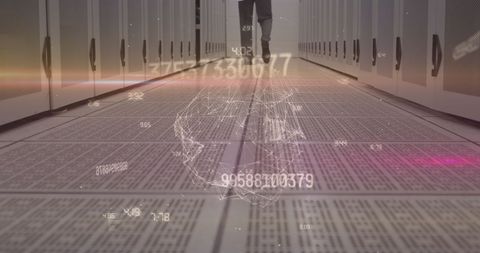 Engineer in Server Room with Digital Network Overlay