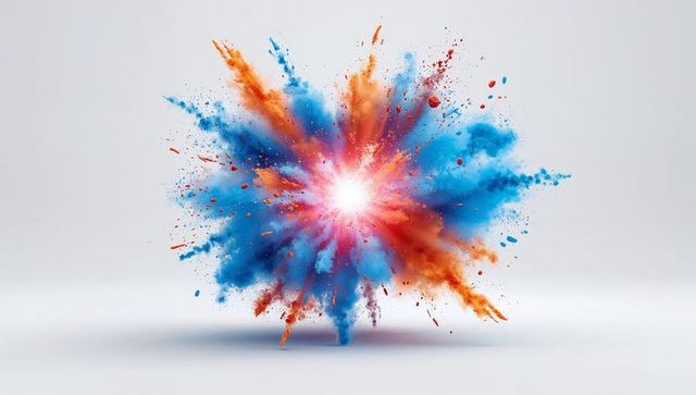 Dynamic explosion of colorful particles in studio setting