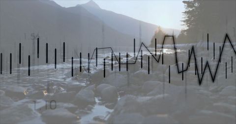 Mountain Stream Merging with Financial Chart Overlay