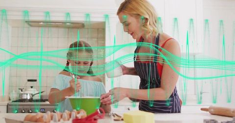 Mother teaching daughter baking while mixing bowl and eggs with green waveform overlay