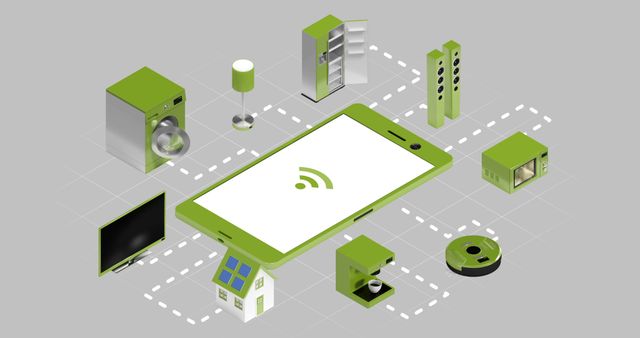 This digital illustration showcases a smart home concept with various connected household devices on a grey background. Visible items include a smartphone centrally, surrounded by home appliances such as a washing machine, TV, lamp, refrigerator, speaker, microwave, and a vacuum cleaner. Lines connect each device to the smartphone, symbolizing connectivity and control. This image is ideal for use in articles, presentations, and marketing materials focused on smart home technology, IoT, and modern living.