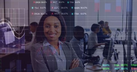 Confident Executive in Trading Room with Business Analytics Overlay