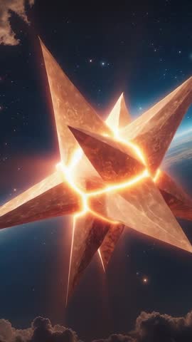 Entering Orbit Rotating Spiked Star Structure Pulsing Glowing Seams Above Horizon